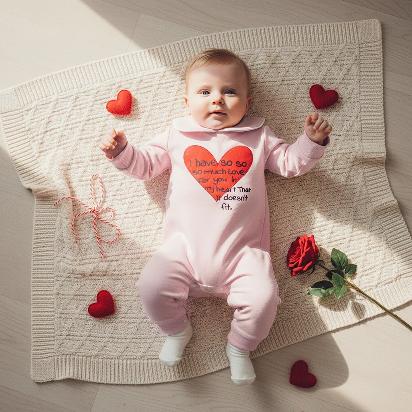 Lovely Baby Valentine's Day Romper - Heart Embroidery Long Sleeve Doll Collar Jumpsuit