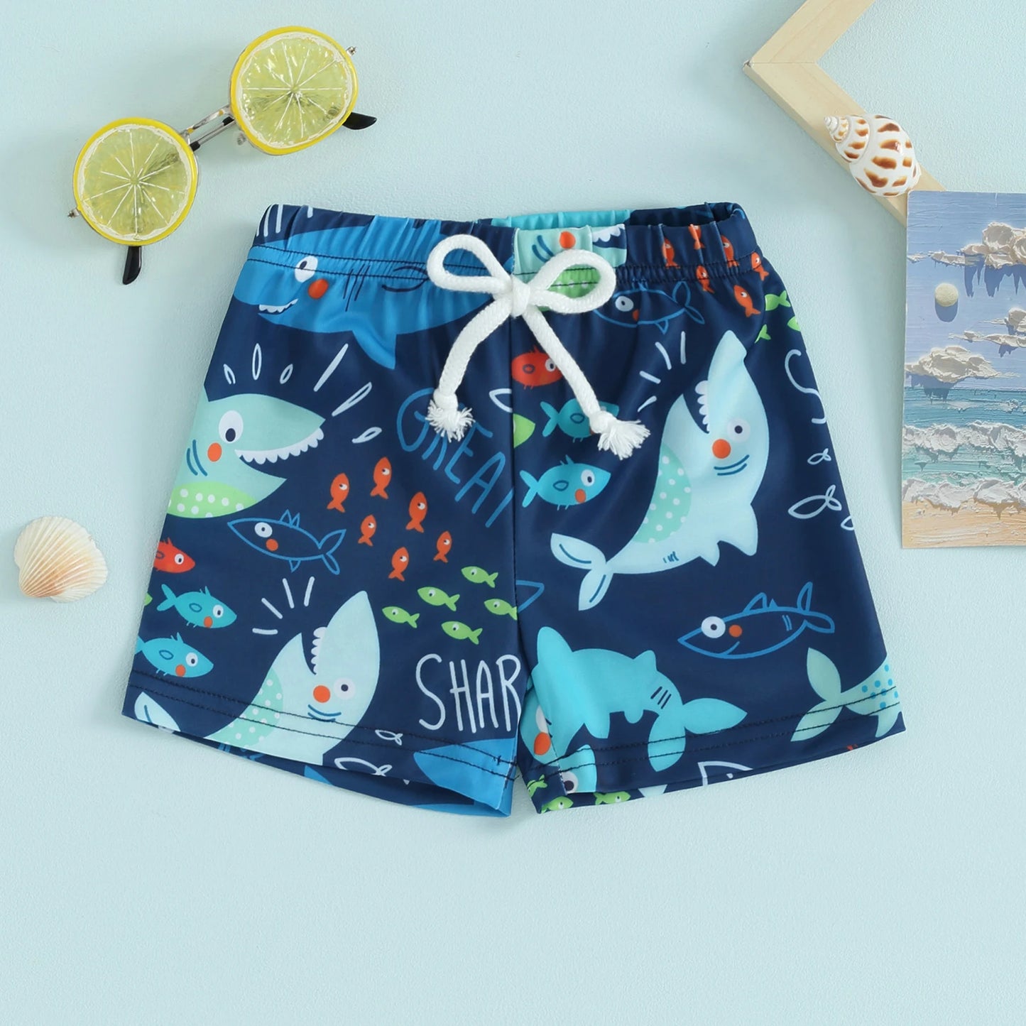 Toddler Boys Swim Trunks - Cartoon Print Elastic Waist Shorts (0-4Y)