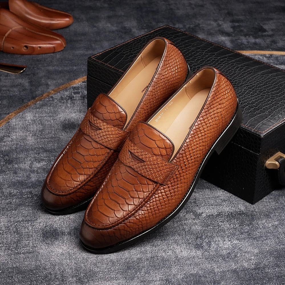 Men's Genuine Leather Snake Pattern Loafers – Pointed Slip-On Dress Shoes