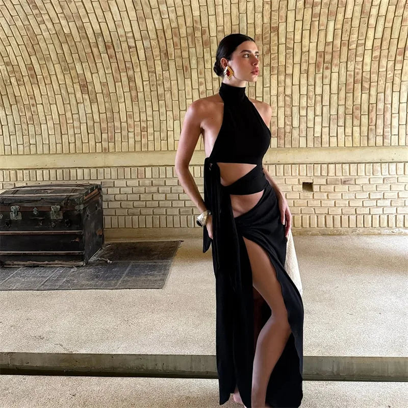 Sleeveless Split Maxi Dress - Halter Bandage Evening Gown