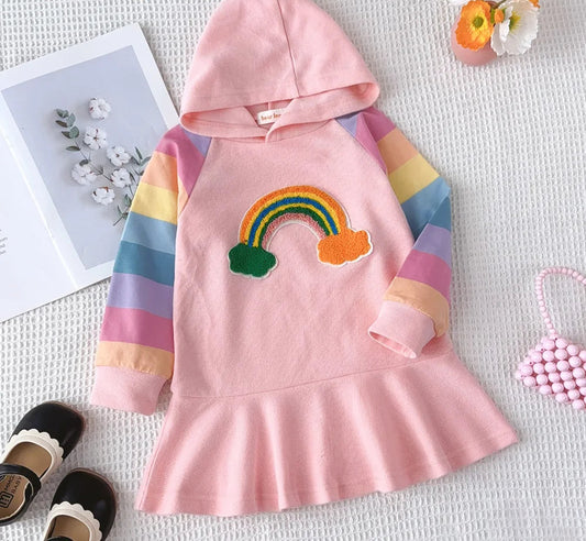 Girls Autumn Princess Rainbow Colourful Hooded Dress