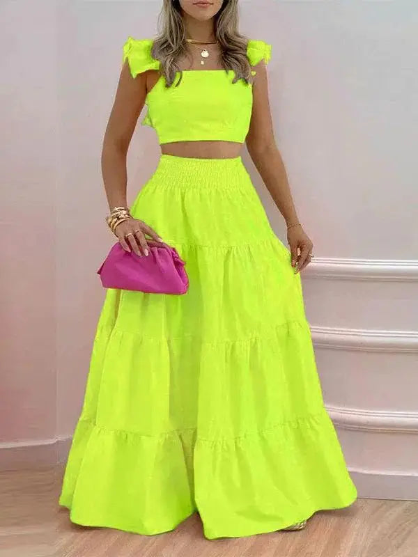 Women's Square Collar Flying Sleeve Ruched Crop Top & A-Line Ankle Skirt Set