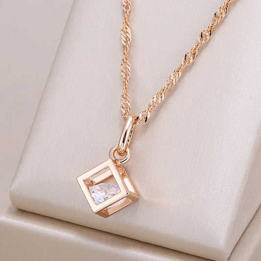 Women's 585 Rose Gold Colour Natural Zircon Hollow Square Pendant Necklace