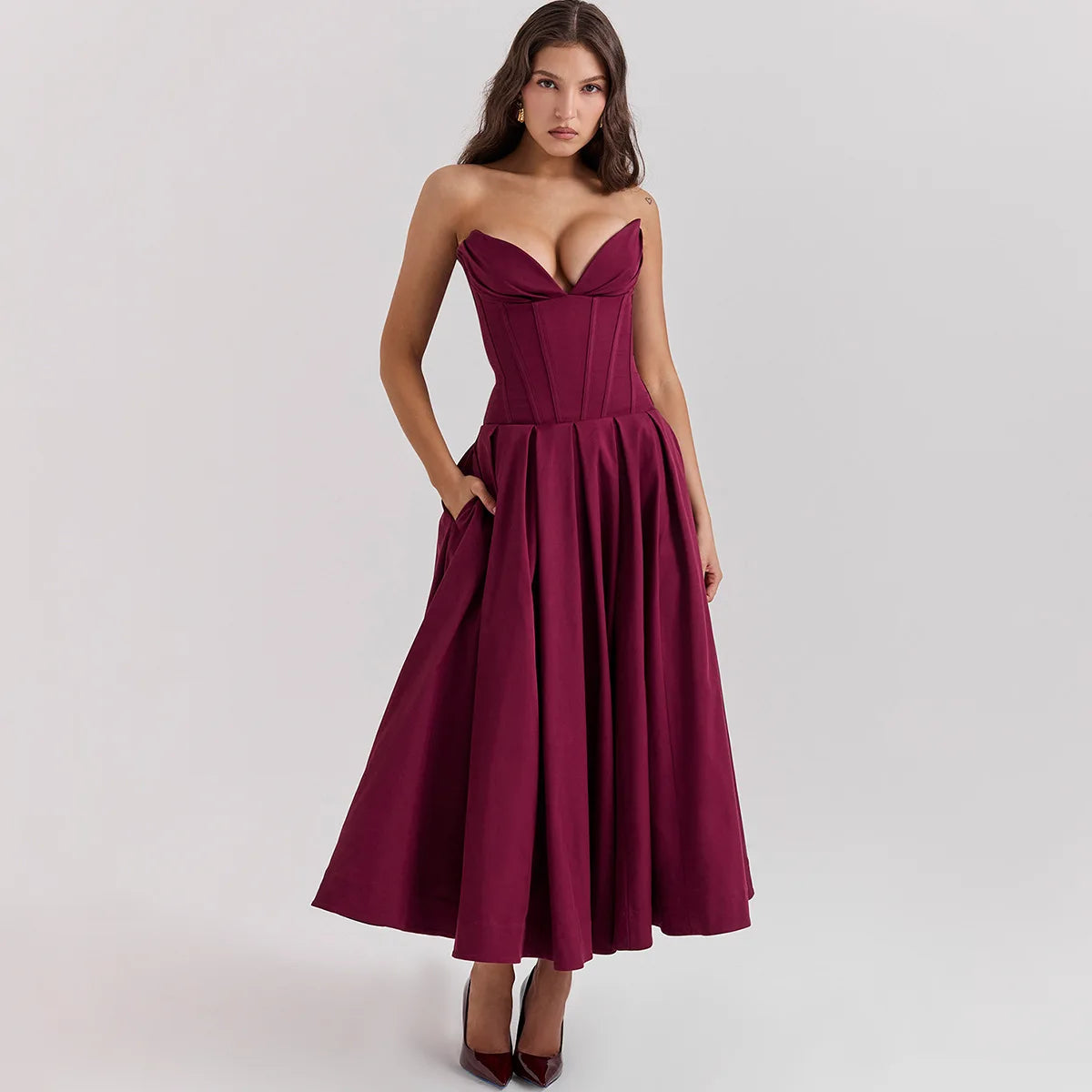 Strapless V Bar Slinky Midi Dress  Outfit - Women Frill Hem Sleeveless Corset Dress