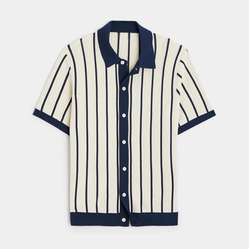 Men's Summer Striped Knit Polo Patchwork Short Sleeve Turn Down Collar Smart Casual Shirt