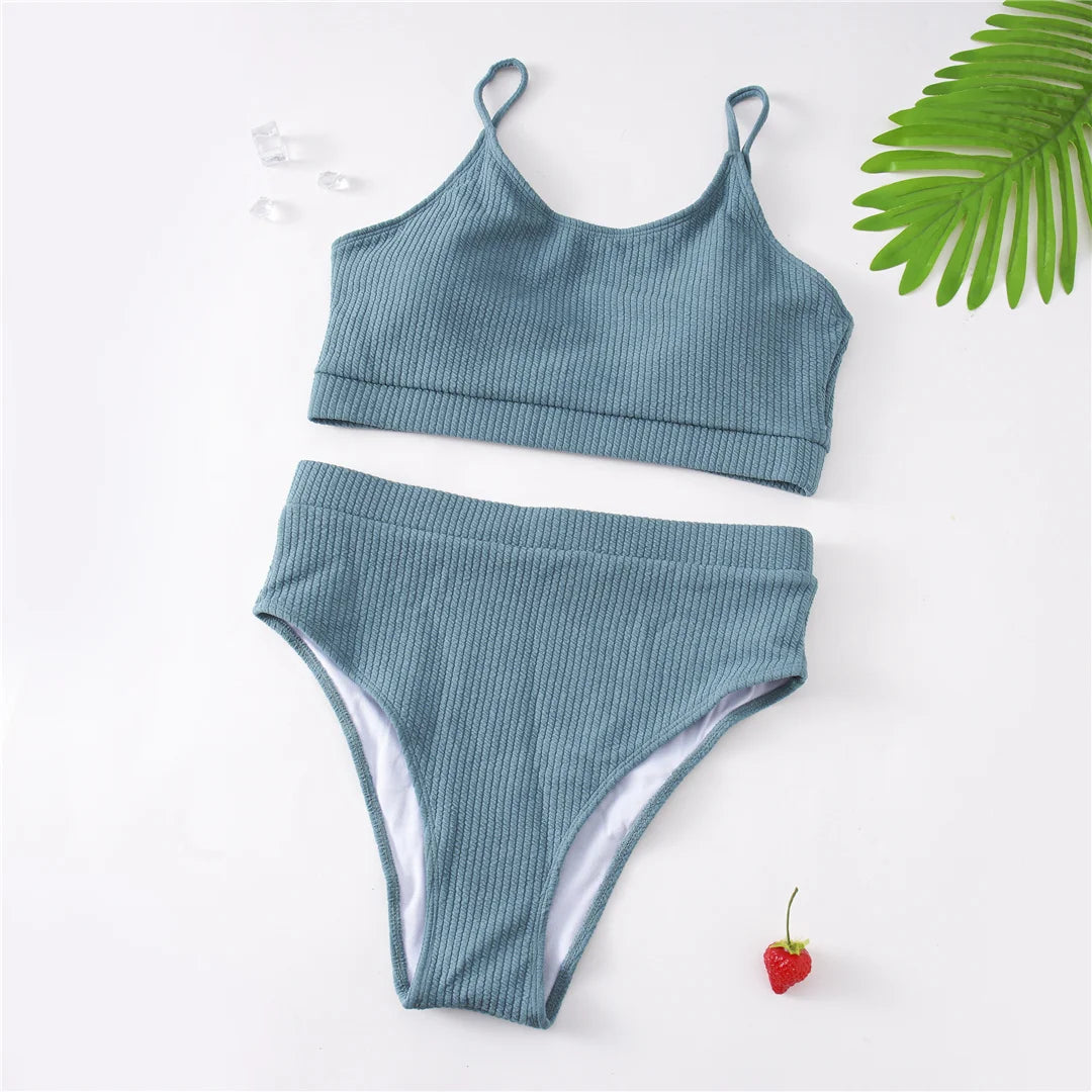 Ribbed Bikini Set - High Waist Two Piece Swimsuit