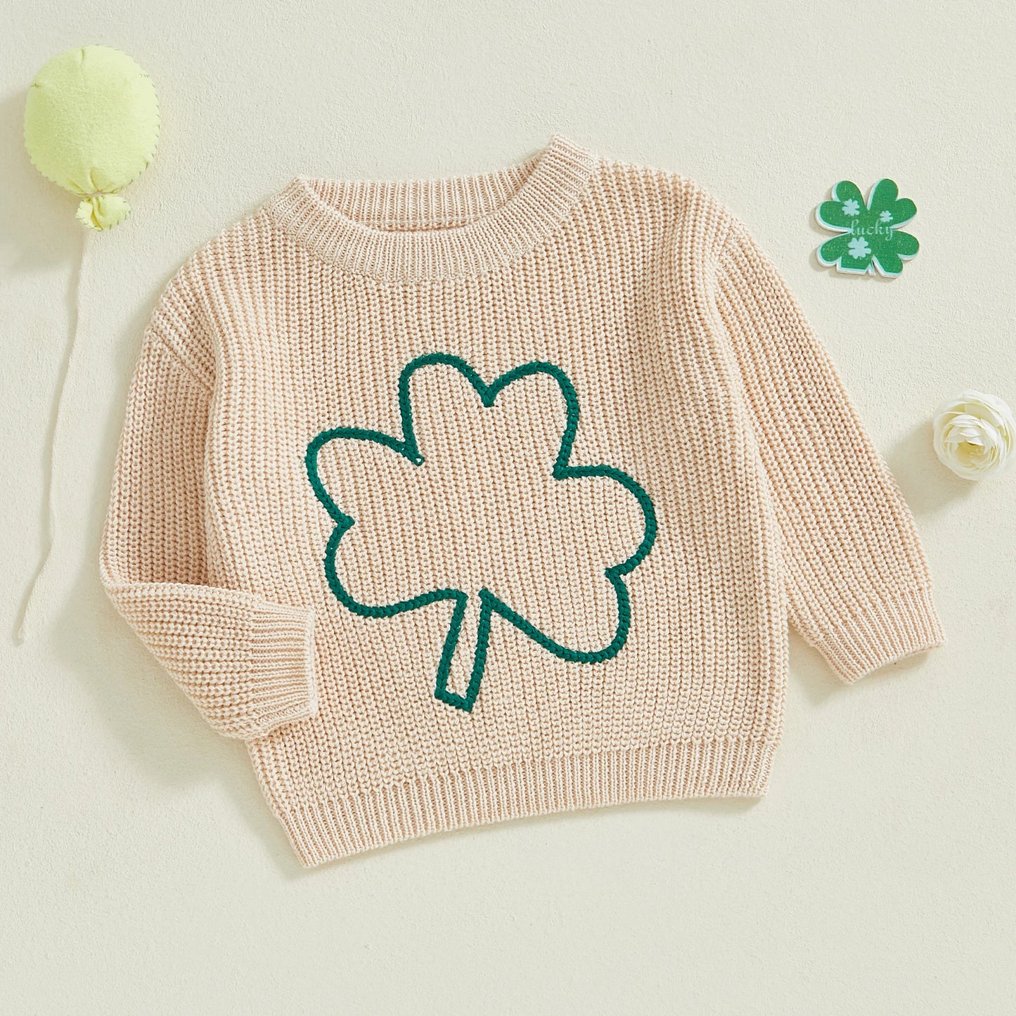 0-4Y  Kids Boys Girls Spring Sweater Clover Embroidery  Long Sleeve Crew Neck Pullover Knitwear