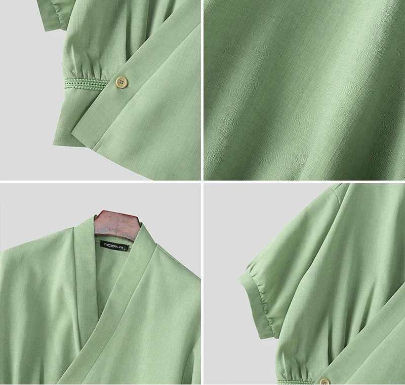 Korean Style Slanted Placket Collarless Long Sleeve Shirt