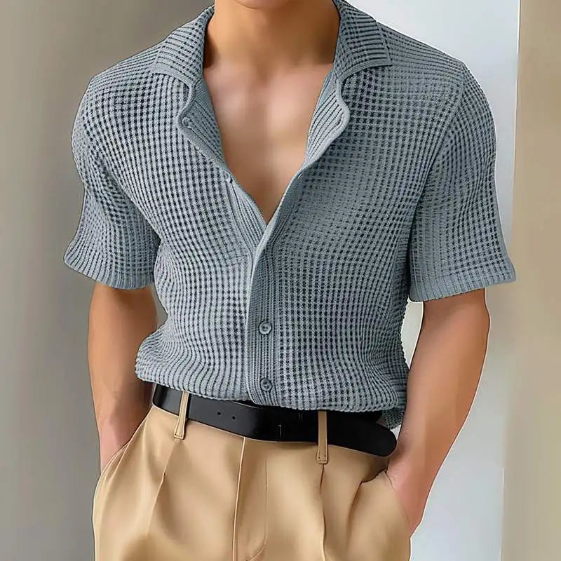 Men Summer Solid Colour Lapel Short Sleeve Hollow Out Shirt