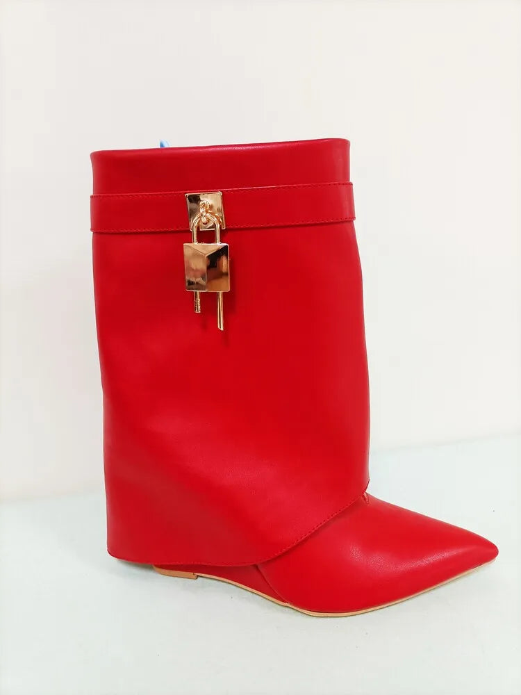 Women's Wedge Leather Mid-Calf Boots - 10cm Heel Metal Buckle Boots