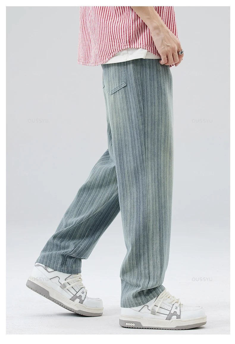 Men's Cotton Striped Straight Leg Jeans | Zipper Fly | Moustache Effect Wash | Midweight | Spring Summer | High Street
