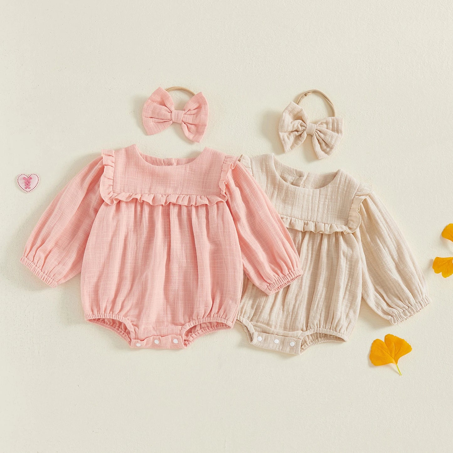 Baby Girls Fall Romper - Solid Color Long Sleeve Round Neck Ruffled Jumpsuit with Bow Headband
