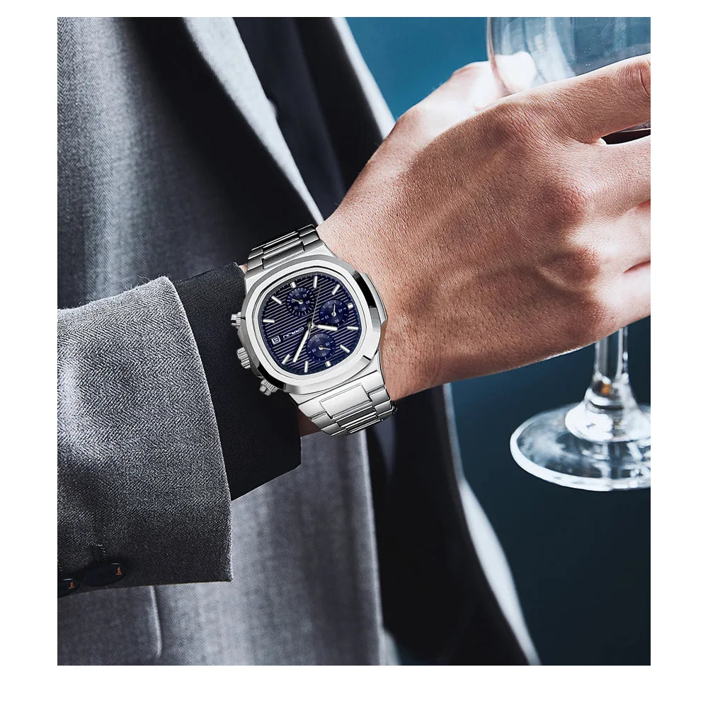 Men's Business Watch - Square Dial Stainless Steel with Luminous Date
