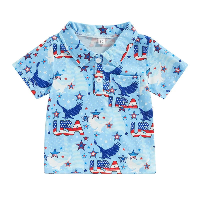 0-4Y Toddler Kids Boys T Shirt Short Sleeve Eagle/Donut/Bull/Fireworks Print Pullover Tops for Independence Day