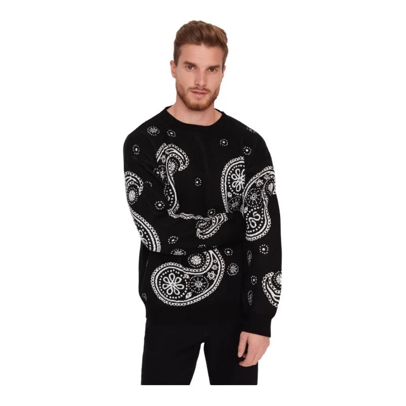 Men's Pullover Oversize Standard Sleeve Paisley Crew Neck Knitwear Unprinted Sweater