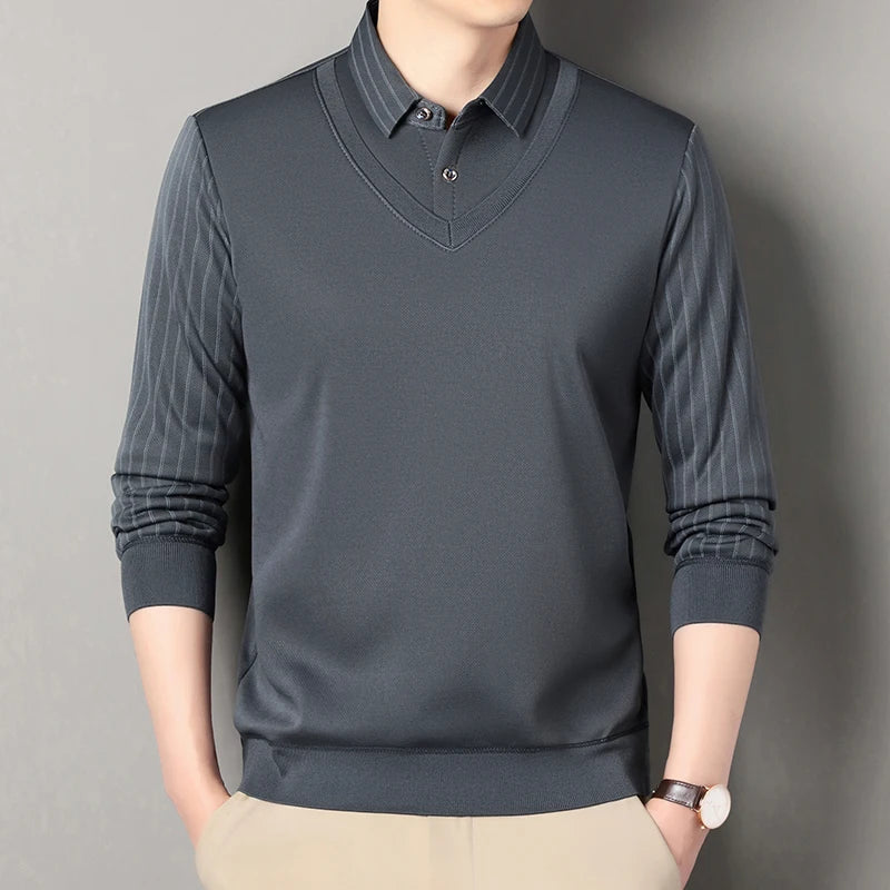 Fake Two Piece Knitted Sweater - Shirt Collar Smart Casual Fleece