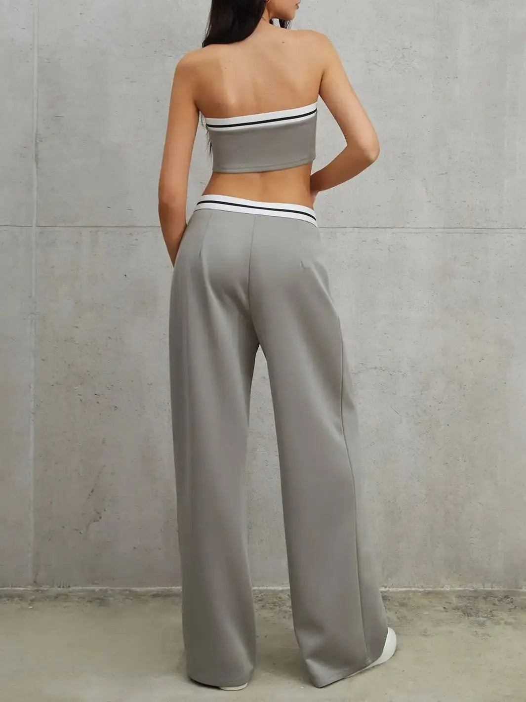 Women's Tube Top Two Piece Contrast Waistband Pants Set - Sleeveless Short Top and Wide Leg Pants Set