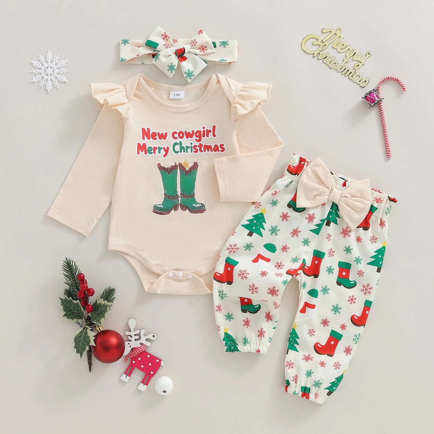 Baby Girls Christmas Outfit Set - 3-Piece Letter Long Sleeve Romper, Pants & Bow Headband (0-18M)