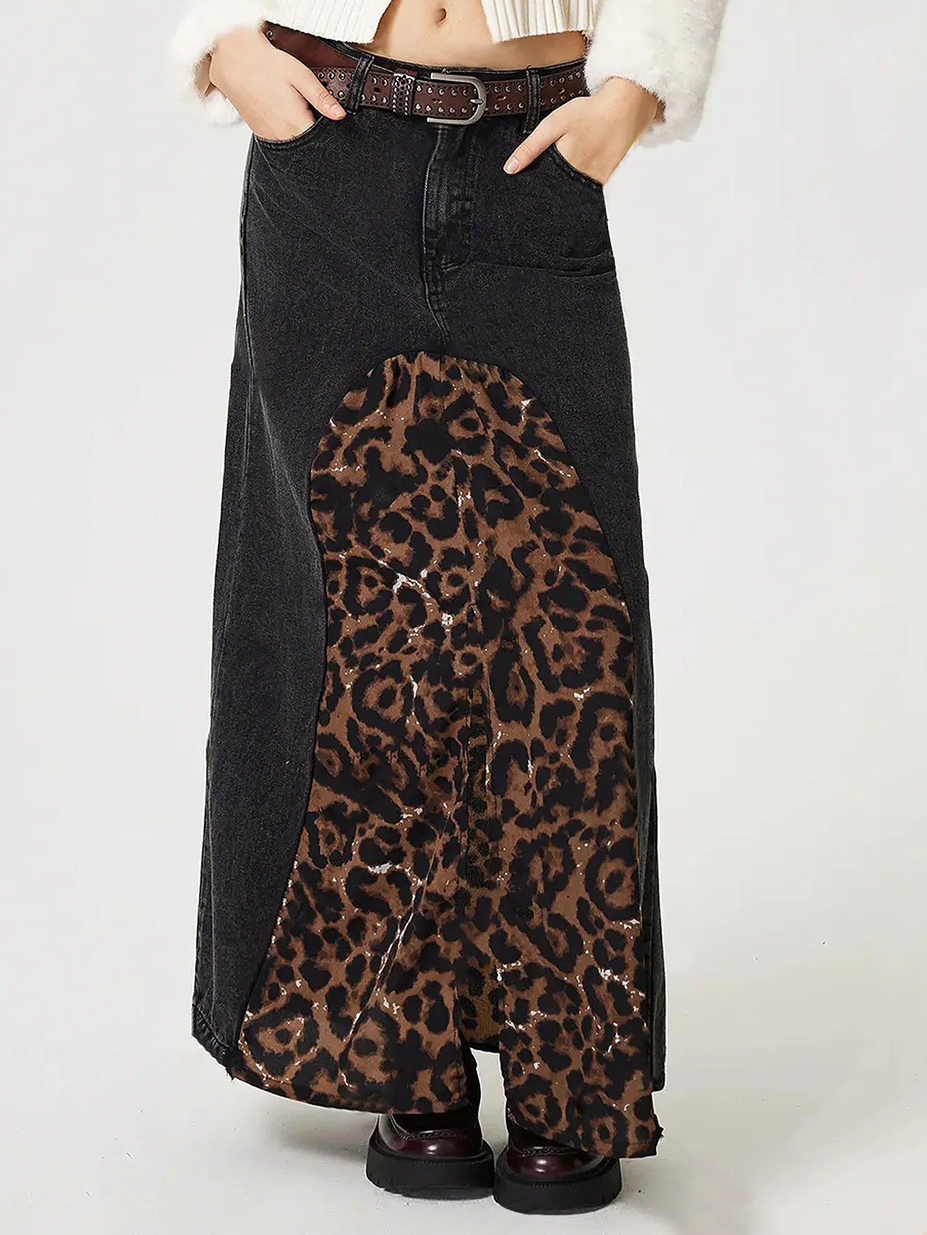 Women's Leopard Splice Denim Versatile Midi High Waist Slit Print Skirt