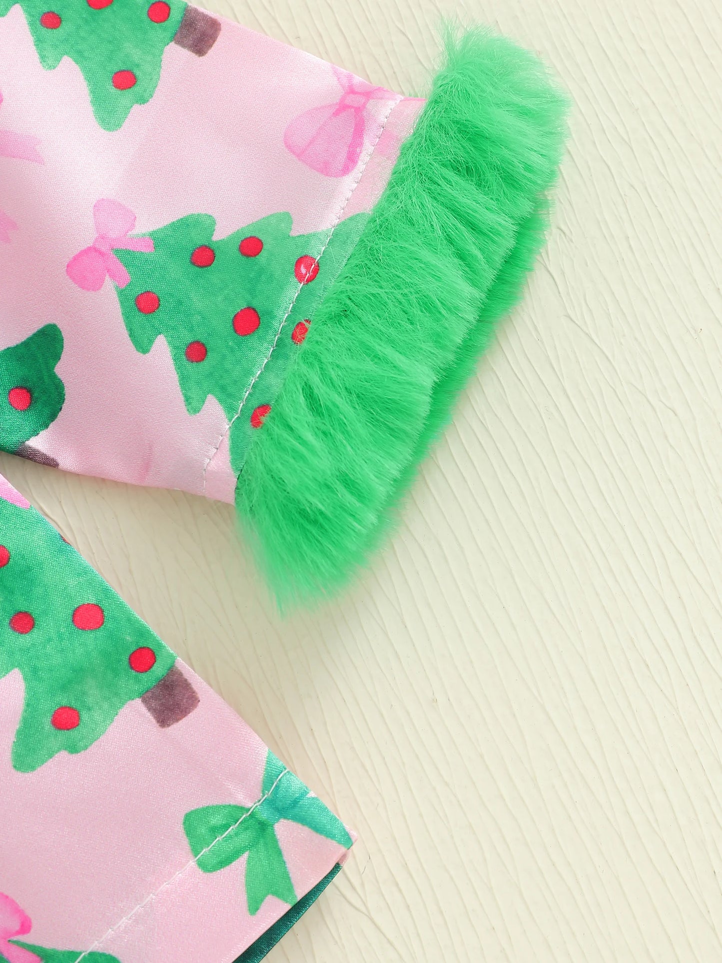 Kids Girls Christmas Satin Pyjamas Set - Tree Print Button Down Top & Pants (0-7Y)