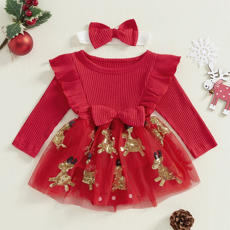 0-24M  Baby Girls Christmas Romper Dress - Long Sleeve Sequined Deer Jumpsuits with Headband Set