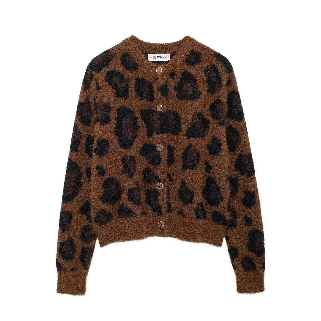 Women's Leopard Print Knit Sweater Cardigan Round Neck Jacquard Long Sleeve Knitted Jacket