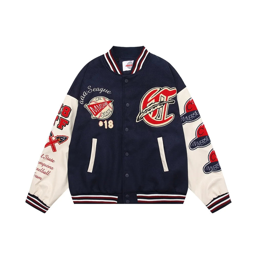 Men's Vintage Flocked Embroidery Patchwork Varsity PU Leather Sleeve Baseball Jacket
