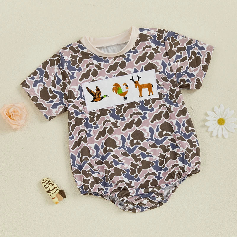 0-18M Summer Casual Baby Boys Romper Camouflage Print Short Sleeve Animal Embroidery Round Neck Jumpsuit
