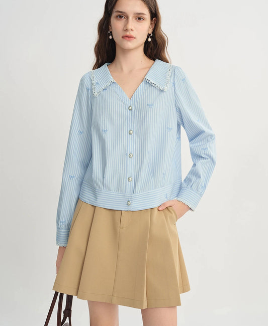 Lace Trim V-Neck Striped Shirt