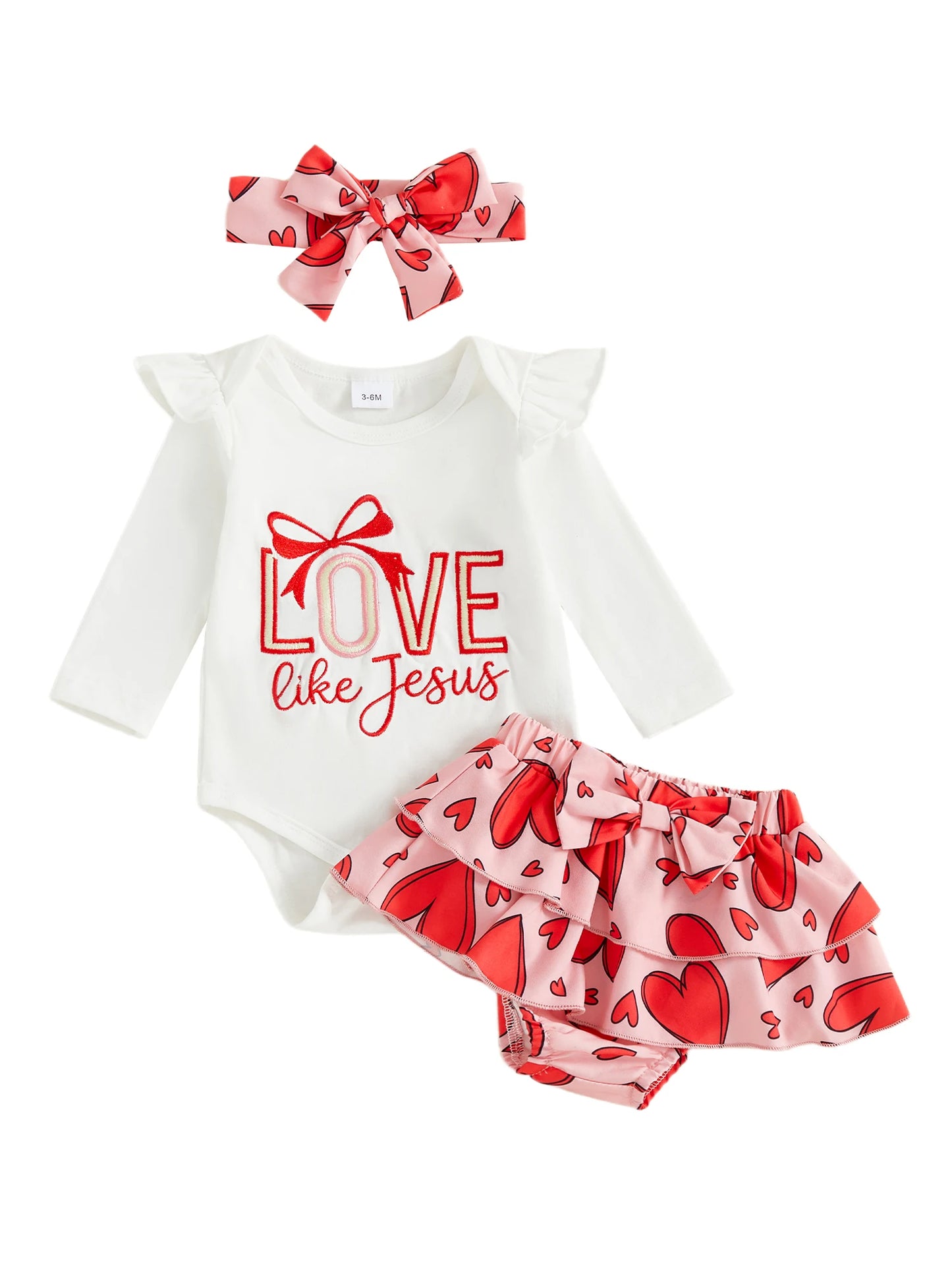 Baby Girls Valentine's Day Letter Embroidery Romper Heart Print Shorts and Hairband Set