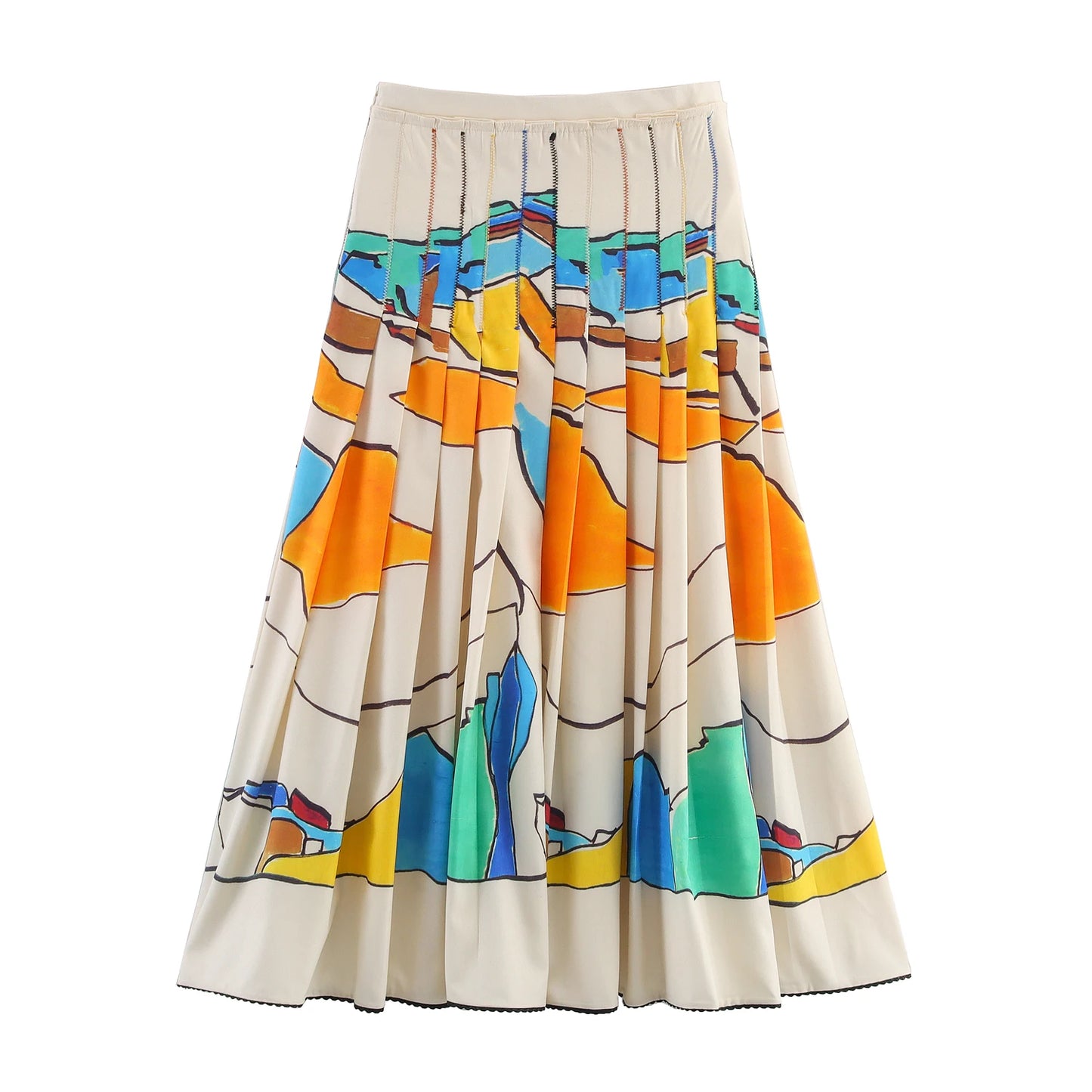 Women's Wide Pleated Printed Skirt - Fashionable Mid-Length Summer Style