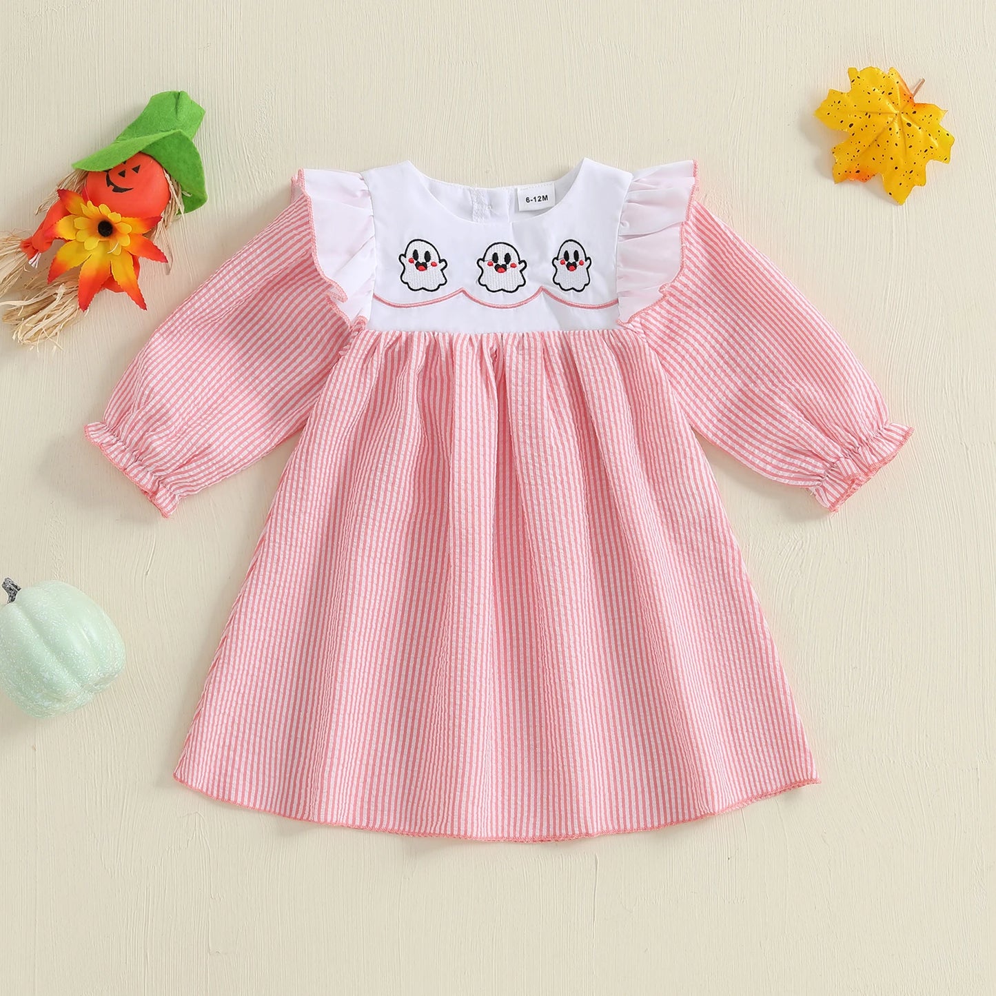 Toddler Girls Halloween Dress - Pumpkin/Ghost Embroidered Ruffle Long Sleeve Striped A-Line Dress