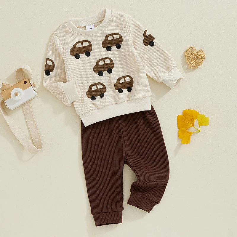 0-3Y Baby Boys Track Clothes Sets Cartoon Car Print Waffle Long Sleeve Sweatshirt and Elastic Pants