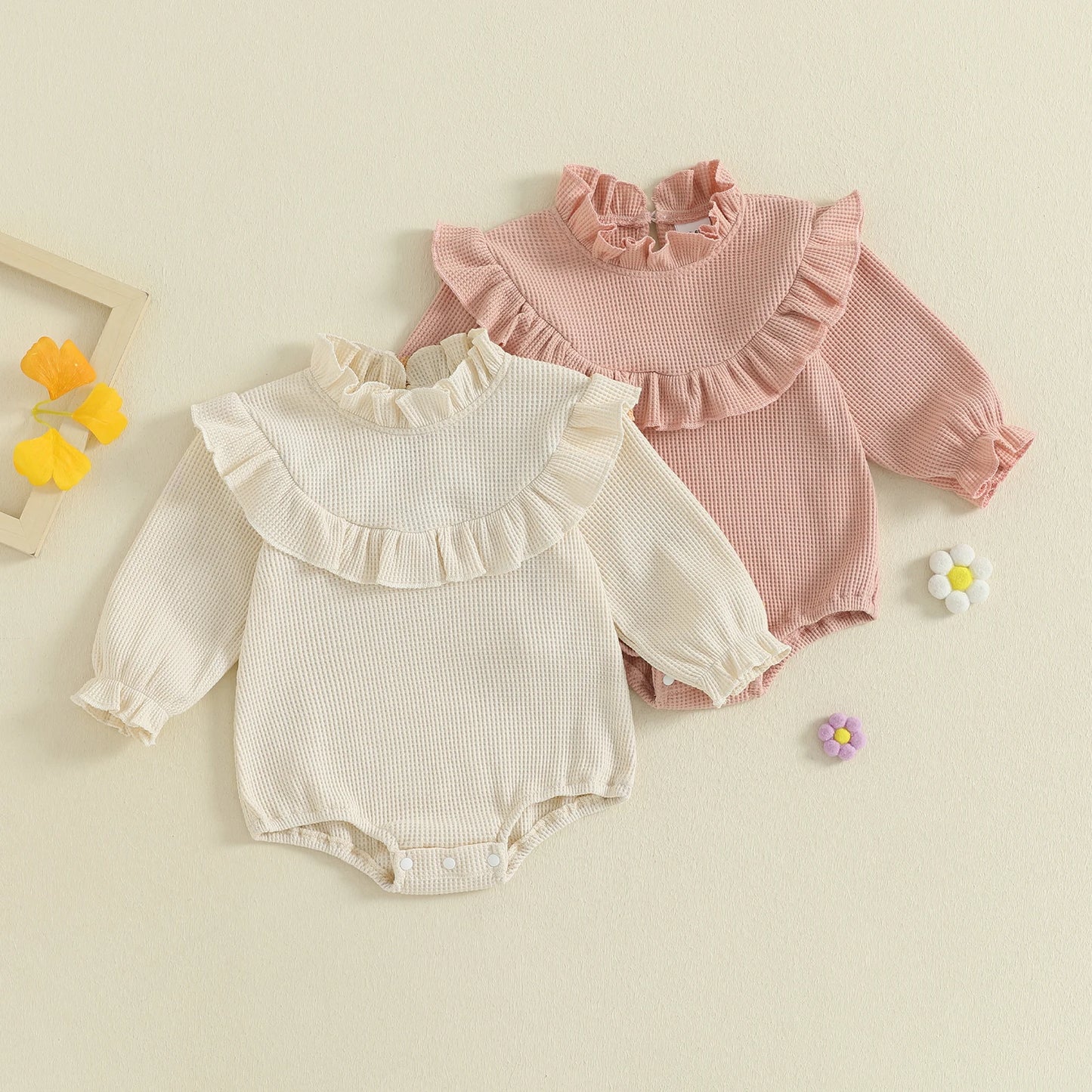 Newborn Baby Girls Waffle Romper - Long Sleeve Mock Neck Ruffled Jumpsuit