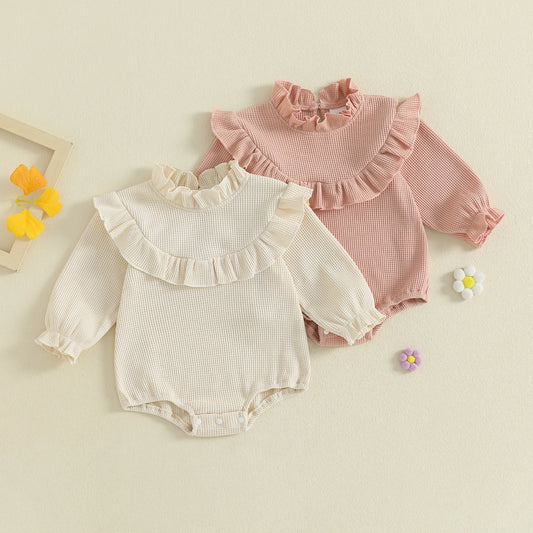 Newborn Baby Girls Waffle Romper - Long Sleeve Mock Neck Ruffled Jumpsuit