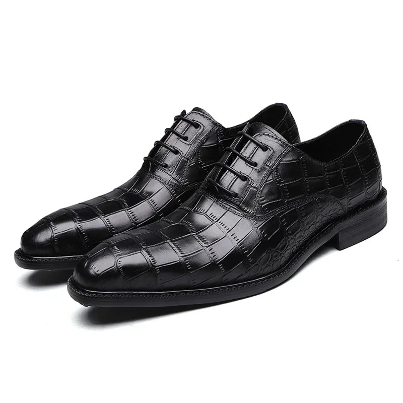 Crocodile Pattern Square Toe Brogue Leather Oxford Shoes