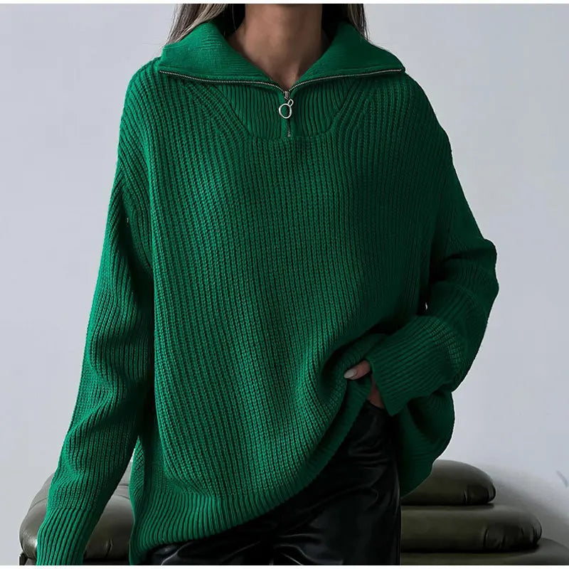 Women's Knitted Loose Zipper Lapel Pullovers Sweater