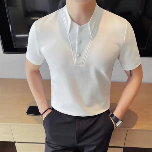 Men's Summer Polo Korean Style Turn Down Collar Short Sleeve Slim Fit Fake Two Pieces T-Shirt