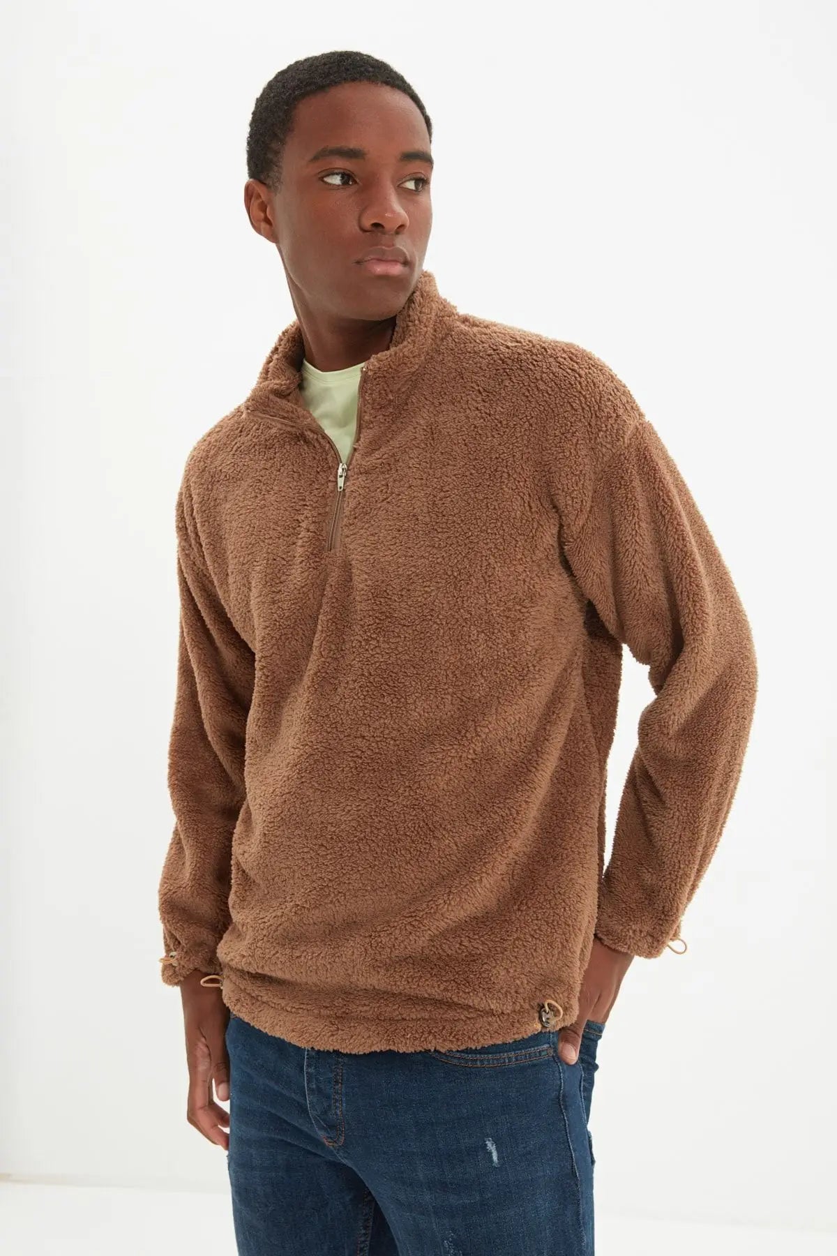 Men's Fabric Loose Plain Plush Standard Sleeve Zippered Standing Collar Sweatshirt