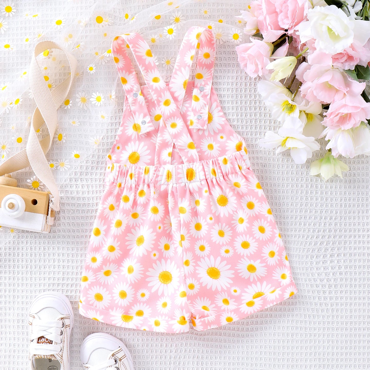 0-4Y Toddler Kids Girls Overalls Rompers Sleeveless Strap Sunflowers Print Buttons Pockets Jumpsuit