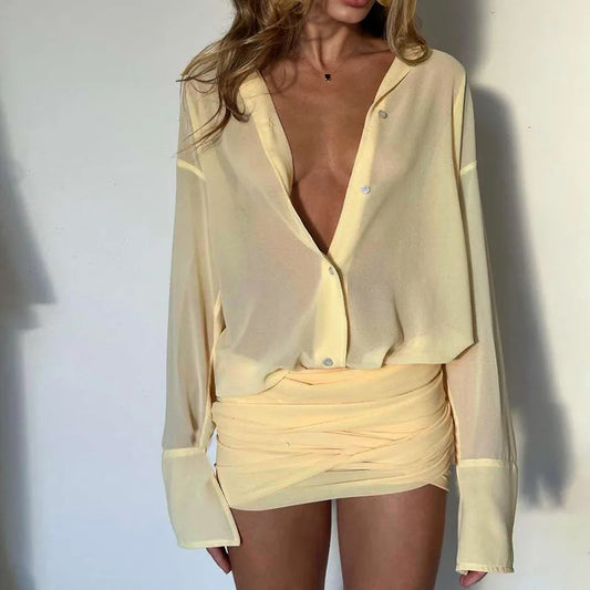 Women's See Through Shirt Mini Dress Flare Sleeve Party Bandage Ruched Lapel Dresses Outfit