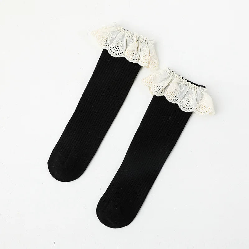Baby Girls Lace  Stocking Ribbed Knit Non-slip Medium Tube Stockings