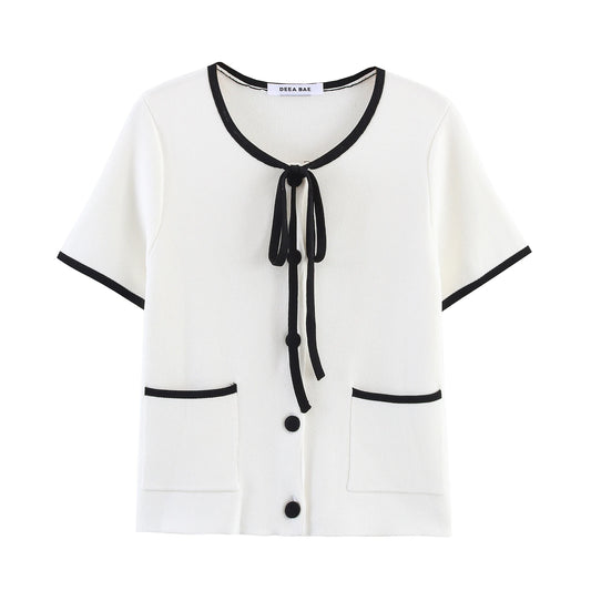 Sexy Cross Color Edge Round Neck Short Sleeve Knitted Coat