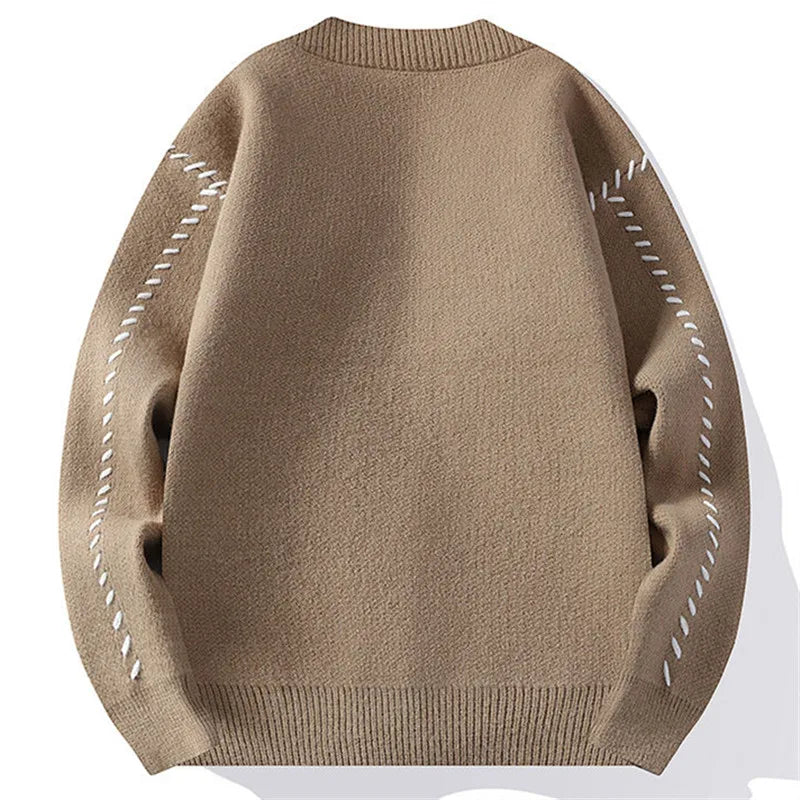 Men's V-Neck Knit Cardigan - Patchwork Loose Fit Streetwear