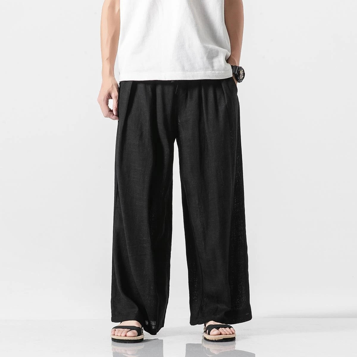 Men's Summer Cotton Linen Casual Chinese Style Loose Harem Straight Lightweight Wide Leg Trousers
