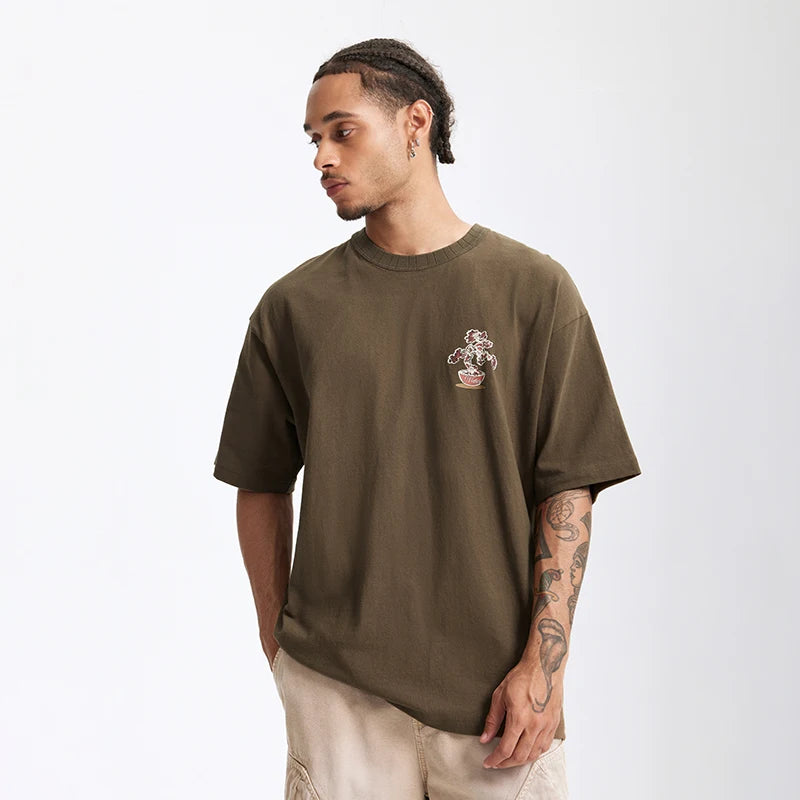 Men's 250G Green Plant Crack Print Retro Street Style Heavyweight Casual Short Sleeve T-Shirt