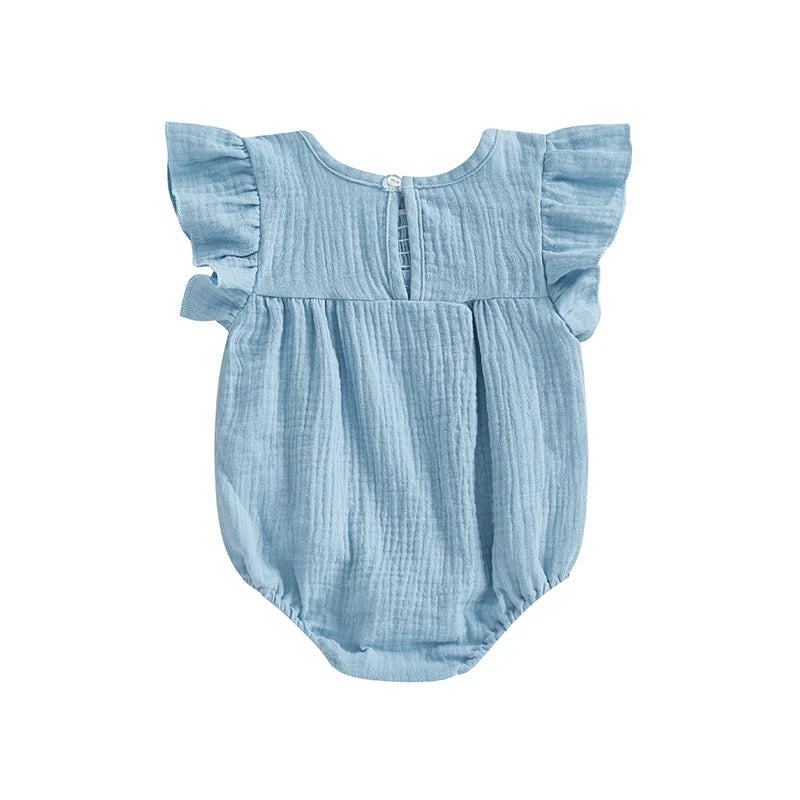Newborn Baby Girls Flower Embroidery Romper - Smocked Flying Sleeve Jumpsuit (0-12M)