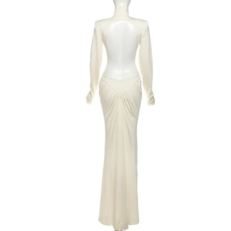 Women's Ruched Long Sleeve Maxi Dress - Elegant Backless Evening Gown