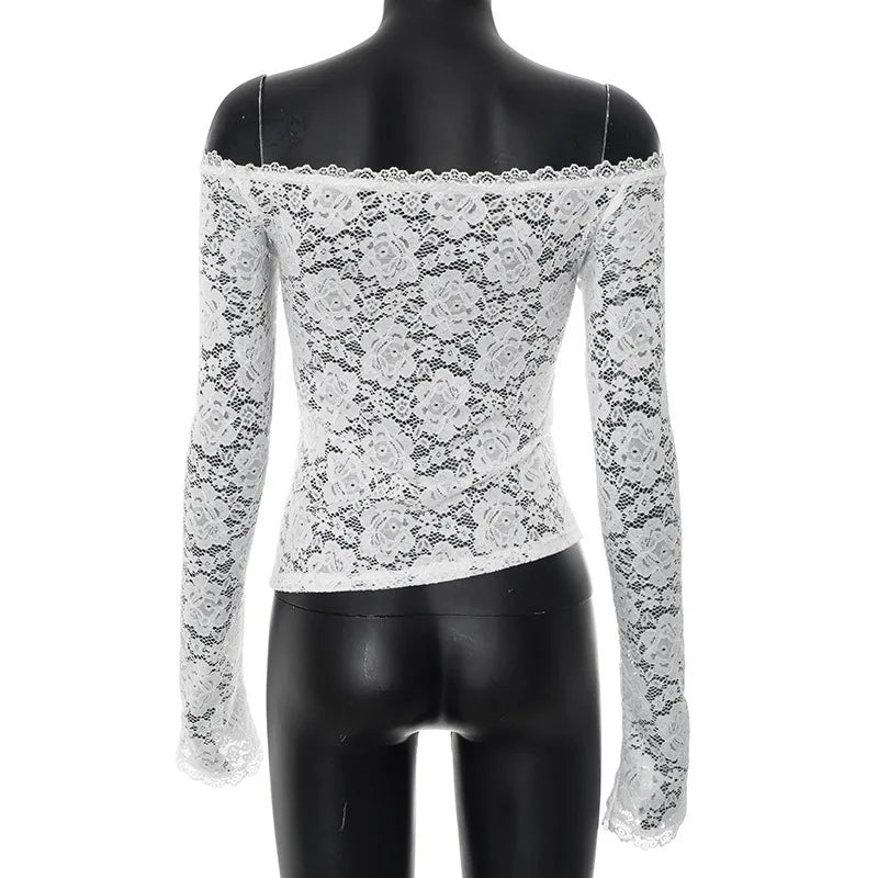Women's Cut Out Lace Long Sleeve Top - Off Shoulder White Twist Front