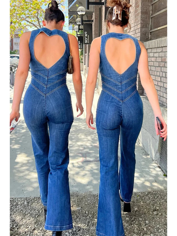 Women's Backless Heart Cut out Bodycon Sleeveless Slim One-Piece Outfits Retro Denim Jumpsuit